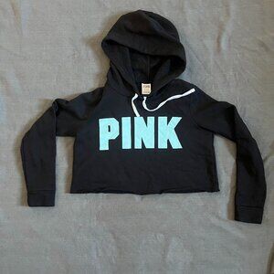 PINK Victoria’s Secret Cropped Hoodie Black Aqua Logo Pullover Womens Small P